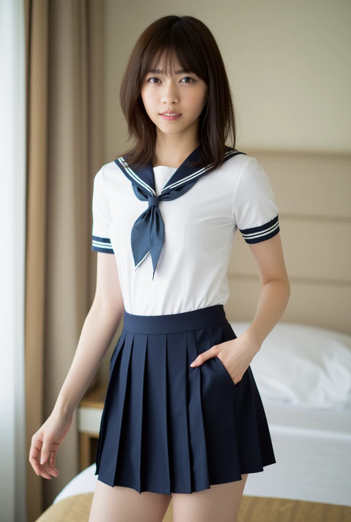 (Highest quality:1.5)、(masterpiece:1.5)、(8k:1.5)、(Big Breasts:1.35)、(Sleeveless white business shirt:1.5)、(Very short pleated skirt in dark blue color:1.5)、(Red bow tie:1.3)、(Schoolgirl uniform:1.5)、(Slender:1.2)、(Blushing:1.5)、(Feeling embarrassed:1.5)、(smile:1.5)、(The background is the hotel:1.7)、whole body、Hotel Bed、(Erect nipples:1.3)、(Thin and beautiful legs:1.3)