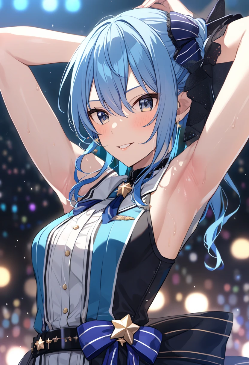 aikatsu,（Overhead view),dynamic angle,ultra-detailed, illustration, close-up, straight on, 1girl, ((blue souryuu asuka langley, interface headset, blue bodysuit:1.4, blue)),Her eyes shone like dreamy stars,(glowing eyes:1.233),(beautiful and detailed eyes:1.1),(expressionless),(standing), (masterpiece, best quality, ultra high res, perfect anatomy, extremely detailed), BREAK, 1girl, 14 years old, red eyes, side_Ponytail, blue hair, very large ribbon in hair, idol costume, BREAK, (finger pointing), (full face), one eye closed, (open mouth), glow eyes, smile, stage light, (mechanic room with toolsand spaceship windowin a white SPACESHIP), (night:1.2),dreamy, [[delicate fingers and hands:0.55]::0.85],(detail fingers),