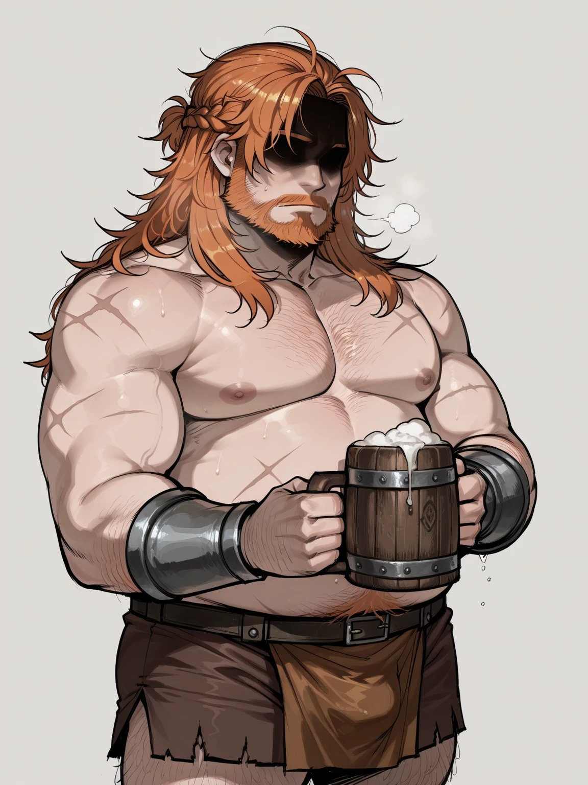 man, Viking, An old face, short stature, Blue eyes, thick eyebrows, Age 60 years, strong, thick, big breasts, big belly, Red hair, big red beard, thick body hair, густые Red hair на груди, густые Red hair на животе, густые Red hair на лобке, густые Red hair на яйцах, thick hair on arms, thick hair on legs, tattoos on body, Tattoos on the torso, drunk face, naked torso, in a short skirt made of brown fabric with fur, the skirt is held up by a leather belt with a gold buckle, the skirt is tight around the dick, in the pub, night, warm lamp light, holding a wooden mug in his hand, Very drunk, looks straight