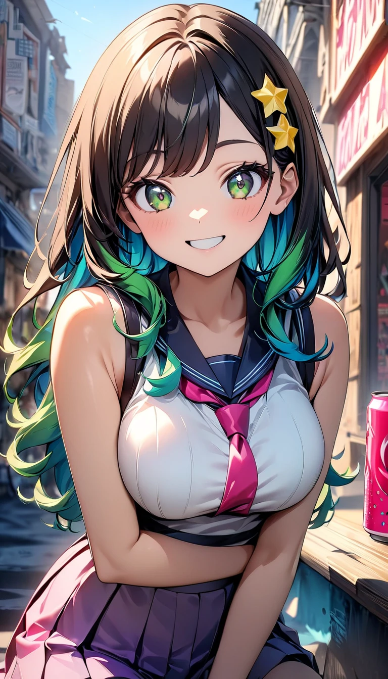 (highest quality:1.2, Very detailed, up to date, Vibrant, Ultra-high resolution, High Contrast, masterpiece:1.2, highest quality, Best aesthetics), Portraiture、solo, girl、(slim:1), (25-years-old), tank top, jeans pants, eating pizza, (Sitting at a table in a pizza restaurant), Bright colors、Beautiful fine details、Beautiful lip detail、long hair、ponytail, white and yellow green ((streaked hair:1.6)), highlights hair: 1.5, (medium breast:1) , (tan skin:0.9), smile, (uper body:1)