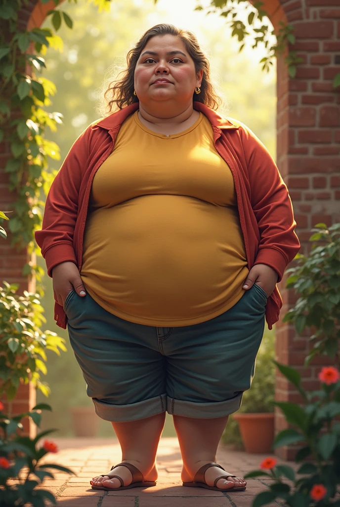 A peaceful photo of a young cute nerdy redhead bbw student with glasses with long wavy ginger hair soft fat belly, wide fat obese hips, thick fat legs and fat arms, cute pretty face, small breasts, blue eyes, freckles, in long plaid shirt tucked in her trousers, and trousers, wearing a backpack in front of a school