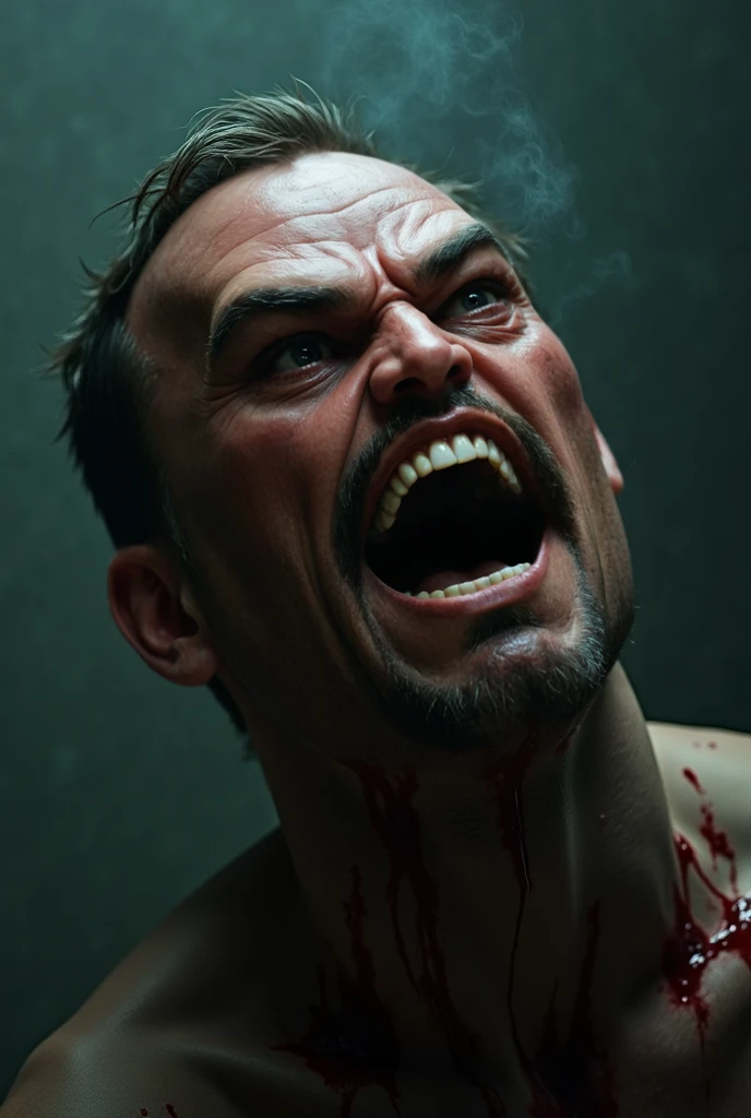 very attractive and handsome man naked many wounds bleeding. a knife in his hand at a party very detailed whole body everyone very scared the man laughing the scared guests.  There is a lot of violence.