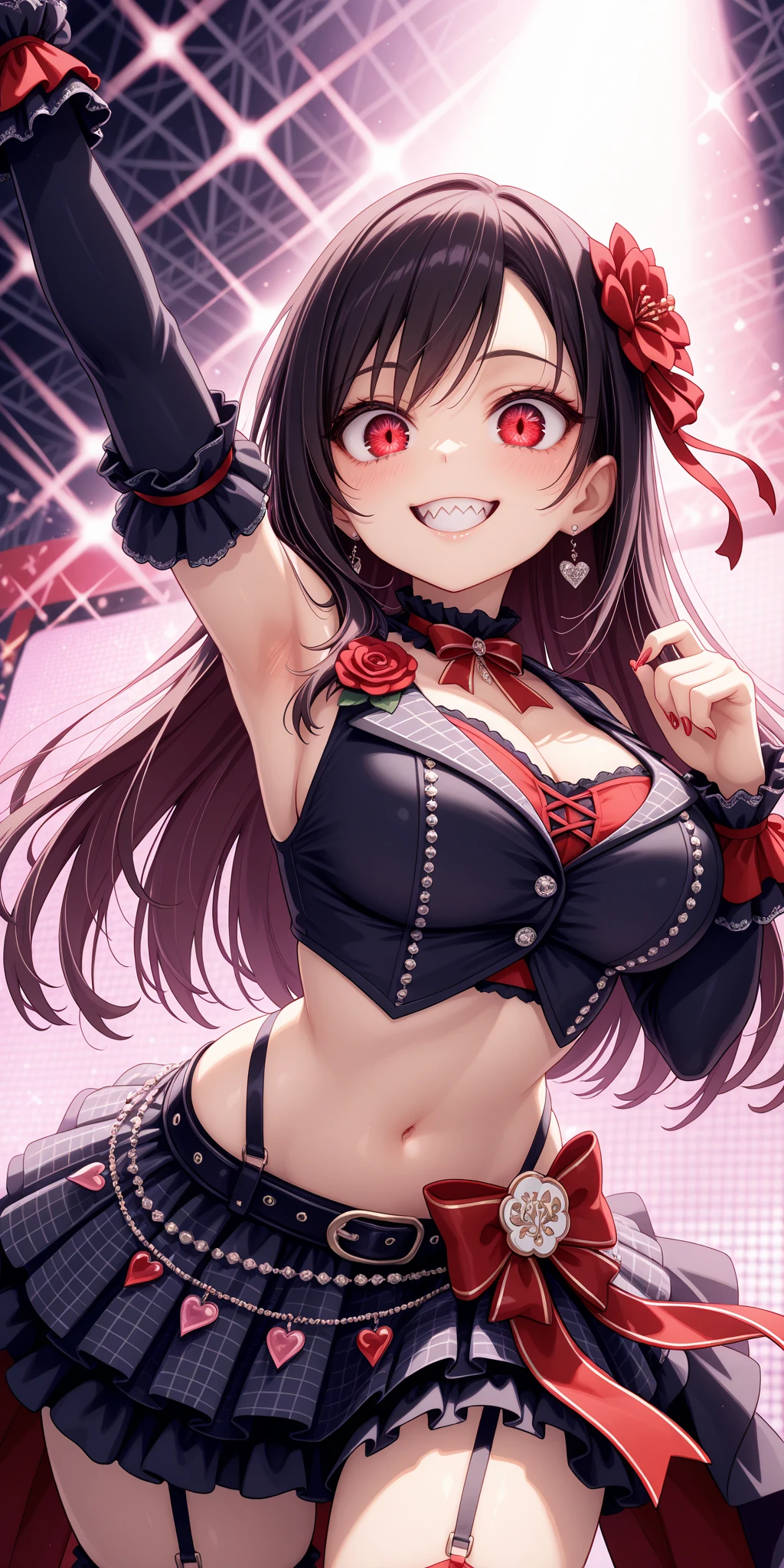 Reimu Hakurei at a rave, looking at the viewer with an seductive smile while dancing, confident, nightclub, neon lights,Brown hair, brown eyes, ((bangs, red ribbon:1.3)), e-girl outfit:1.7, (((Eyeliner, Heart-Shaped Stamp, Choker, Belt Chain:1.3))), ager,
