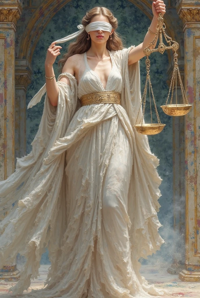 a representation of the goddess Themis with the uneven scales in her hand and her stoic face cracking and revealing a hypocritical smile