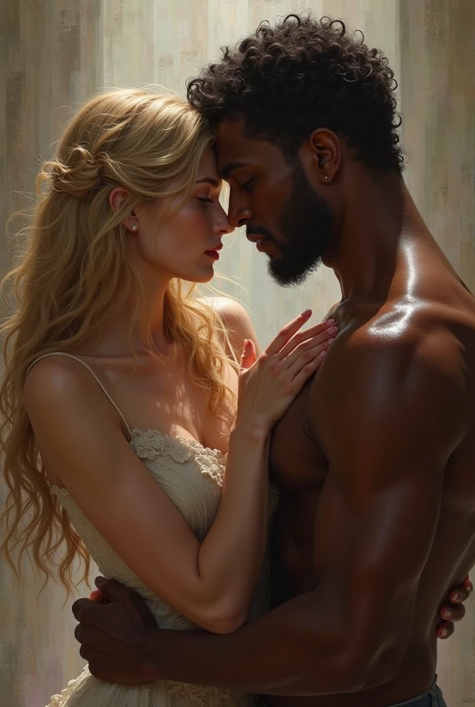 A blonde and tiny , small, stroking the biceps of a big muscular black man, with hairy armpits, flexing his biceps
