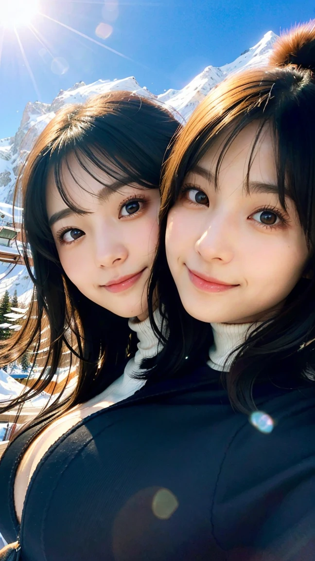 (highest quality,masterpiece:1.3,ultra high resolution),(Super detailed,caustics,16k),(photorealistic:1.4,RAW shooting),ultra-realistic capture,close-up of human skin,natural skin texture,Pores are detailed enough to be easily identified,Healthy skin and even tone,Use natural light and color,18-year-old,Japanese,cute,ski wear,black long hair,Smiling and looking at the camera,big breasts, collarbone, shot from the waist up,(face focus:1.2), upper body,(low position:1.3),(Low - Angle:1.3),(Ski resort),sun,Lens flare,blue sky,conjoined_dicephalus, (two heads:1.3)