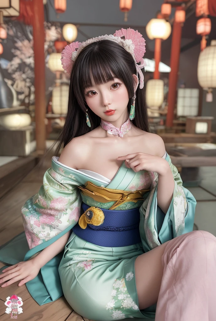 (Full Body View:1.2)、(Side view:1.2)、(Beautiful lips and cheeks:1.4)、(Beautiful courtesan:1.4)、(Smiling with teeth showing:1.3),(Shibuya Gal:1.5)、(Gothic Lolita vibe:1.5)、(Moss green, yellow, magenta, and blue miniskirt courtesan kimono showing cleavage:1.5)、(New Year:1.4)、(Luxury hair ornaments/hairpin:1.5)、(Short kimono:1.3)、(Make-up like a maiko:1.5)、(Bewitching Woman:1.3)、(Dense kimono:1.4)、(Wearing flashy knee socks:1.2)、(The underwear has an embroidered pattern:1.4)、40 years old、(Dance vigorously:1.3)、((Highest quality、8k、masterpiece:1.3))、1 Female、Slim and beautiful abs:1.3、(hairstyle casual、Beautiful boobs:1.1)、dress:1.1、Super small face、Narrow eyes、double eyelid、A sloppy smile、Esbian all over body、Dynamic Angle、Close-up、CPL Filter、Blurred Background、Bokeh、Blue Hour、Detailed face and skin texture、Detailed eyes、double eyelid,(Twin tails:1.3)、(Black-brown hair:1.3)、Gravure idol、(The background is a gorgeous Meiji-era town:1.3)、(Thin body:1.2),(Thin thighs:1.5),(clavicle:1.1)