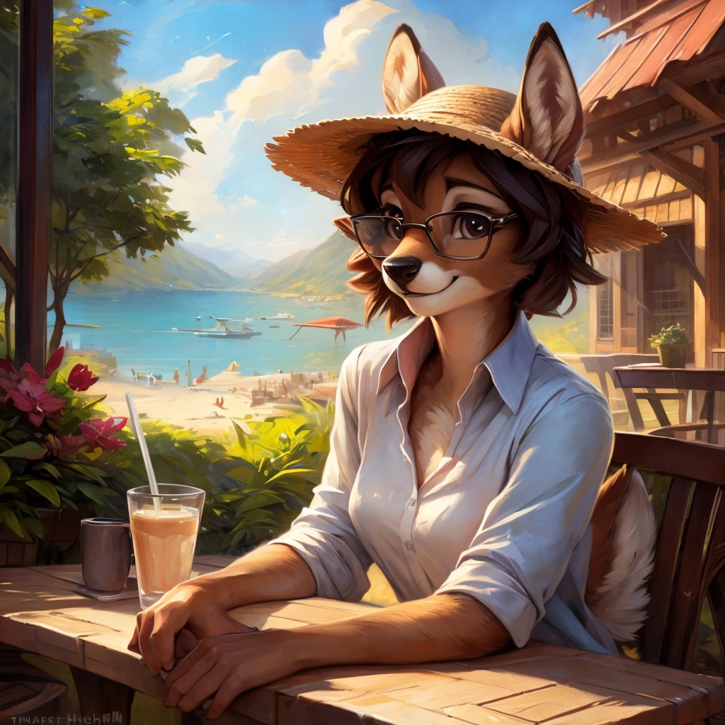 uploaded on e621, by Pixelsketcher, by Bayard Wu, by Thomas Benjamin Kennington , by Einshelm, by hioshiru and kenket, Chunie, portrait, solo anthro female deer doe, tiny featureless breasts, tiny breasts, clear dark blue, cinematic lighting, day, sunny day, sitting outside at a café, café background, french background, old french background, shiny, short curly dark brown hair, short hair, wears big black nerd glasses, very very beautiful furry art, furry art, thoughtful, shiny, feminine, cute face, muzzle, fluffy chest, flawless face, Fallow deer, 1girl, Sakimichan is beautiful, Masterpiece, Wavethesallow Face, shiny, Detailed image, portrait, Detailed image, portrait, wears pure white wide, big blouse, wears beige summer straw hat, shiny, realistic face, perfect anatomy, hourglass body, anthropomorphic deer, happy, very happy, small ears, huge black nerd glasses, wide happy eyes, look at viewer, smiles, big smile, holds with both hands a cup of coffee, hourglass body, (furry body:1.1), anthropomorphic deer, small fluffy tail, detailed background, (cute anatomy:1.1), looks into the distance