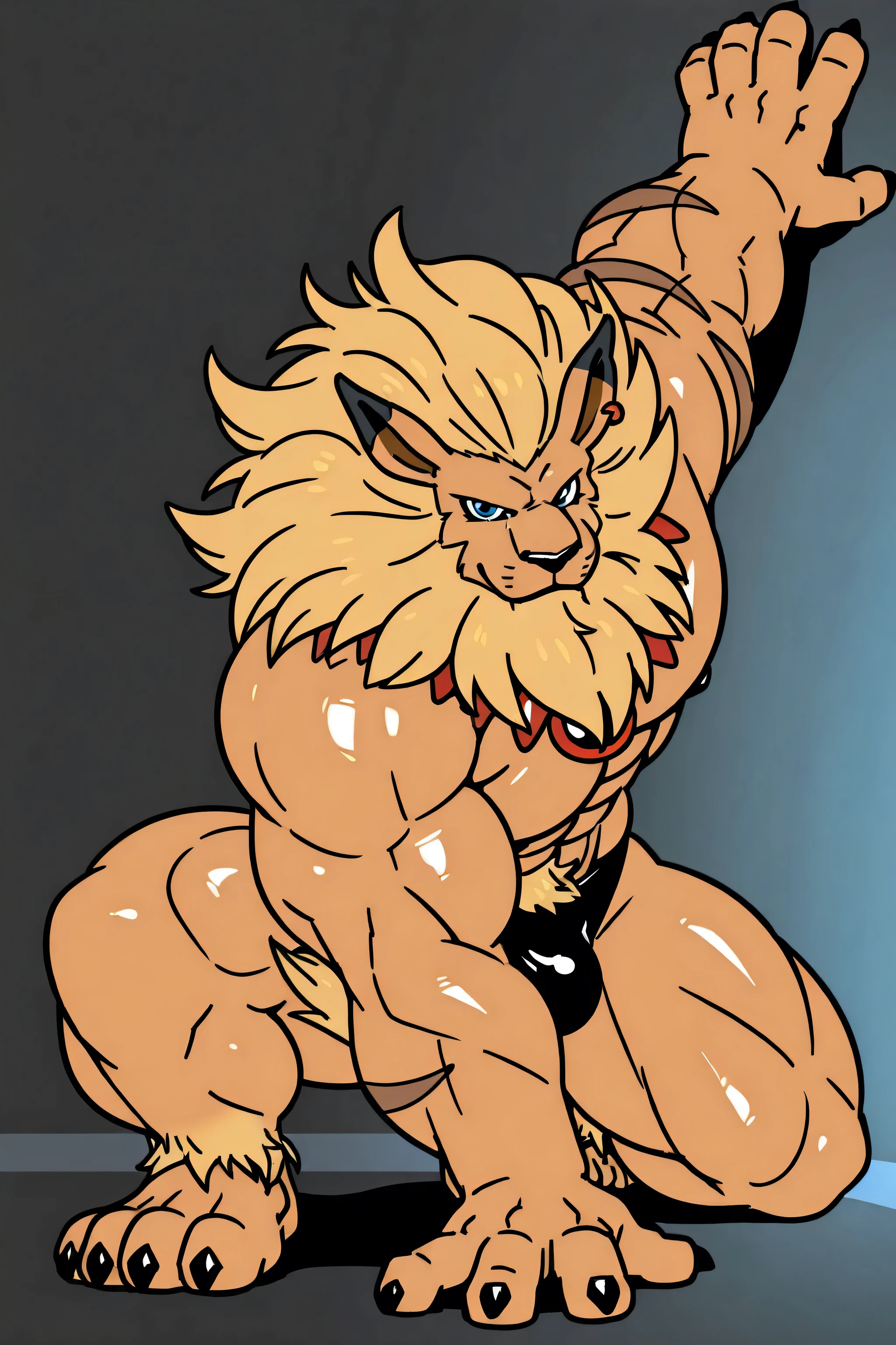 by kenoshita Jiroh, (1boy), solo, male, (yellow tiger), naked, hot body, muscle, hunk, bara, sexy, handsome boy, adult, ( briefs); (masterpiece, high res, best quality), 8k, under sky, huge oblique, huge forearms, five fingers, yellow mane, huge hair, hair over the eyes,spiky black sideburns, spiky black beard, visible legs and feet, bulky musclegut with abs, chubby short forelegs, thick thighs, big hands، thick feet, chubby thick forelegs and ankles, white chest, standing pose, showring, happy smile, anime colors, daddy, tail، from kenoshita Jiroh, huge biceps, huge male chest, reduce red color, colorful background