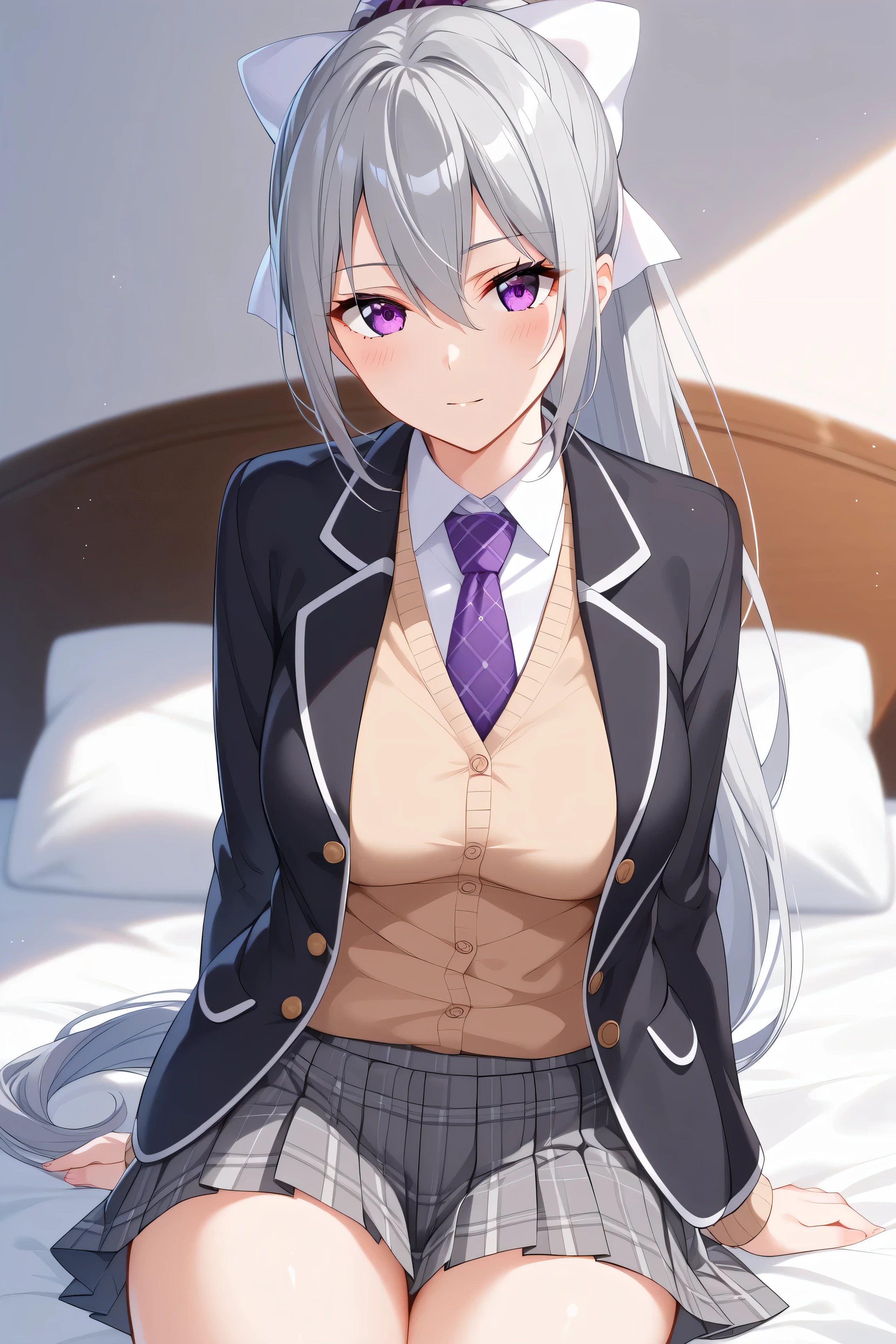 1woman,best quality,ultra-detailed,high resolution,extremely detailed CG,unity 8k wallpaper,score_9, score_8_up, score_7_up, source_anime,hk1, purple eyes, grey hair, hair between eyes, long hair,ponytail, bow, white bow,shirt, cardigan, jacket, black jacket, blazer, skirt, grey skirt, plaid skirt, nsfｗ，mature female,professional quality、bed room、medium breasts、pleated skirt、tsurime,Official Art,crotch seam、necktie, purple necktie,