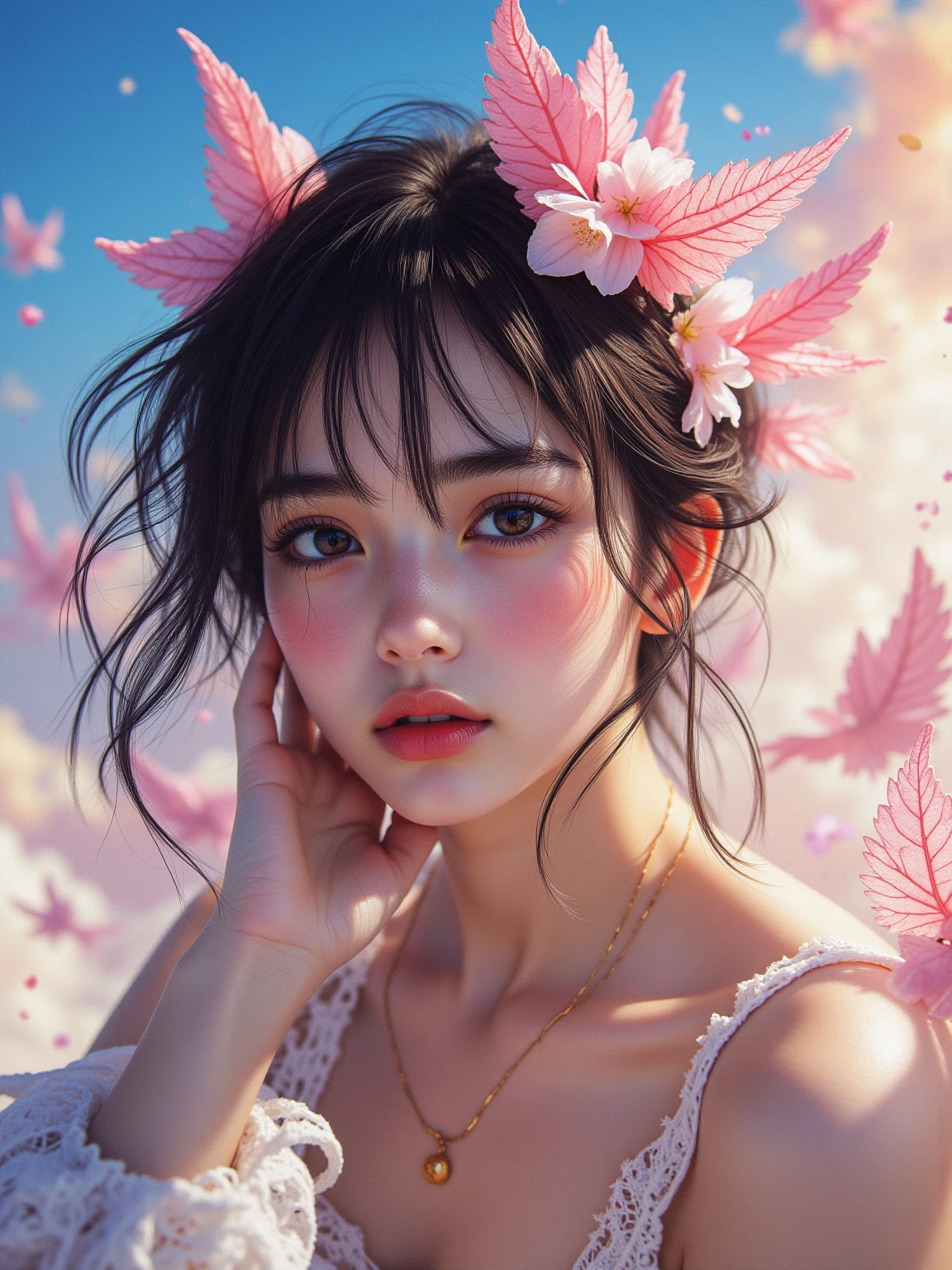 Watase Seizo style, whole body,Low Angle, logic, Simple line initials,Abstract art,Countryside Background, (((The most beautiful woman))), Lips in Love, walk, Colorful flowers, colorful, Filled with love