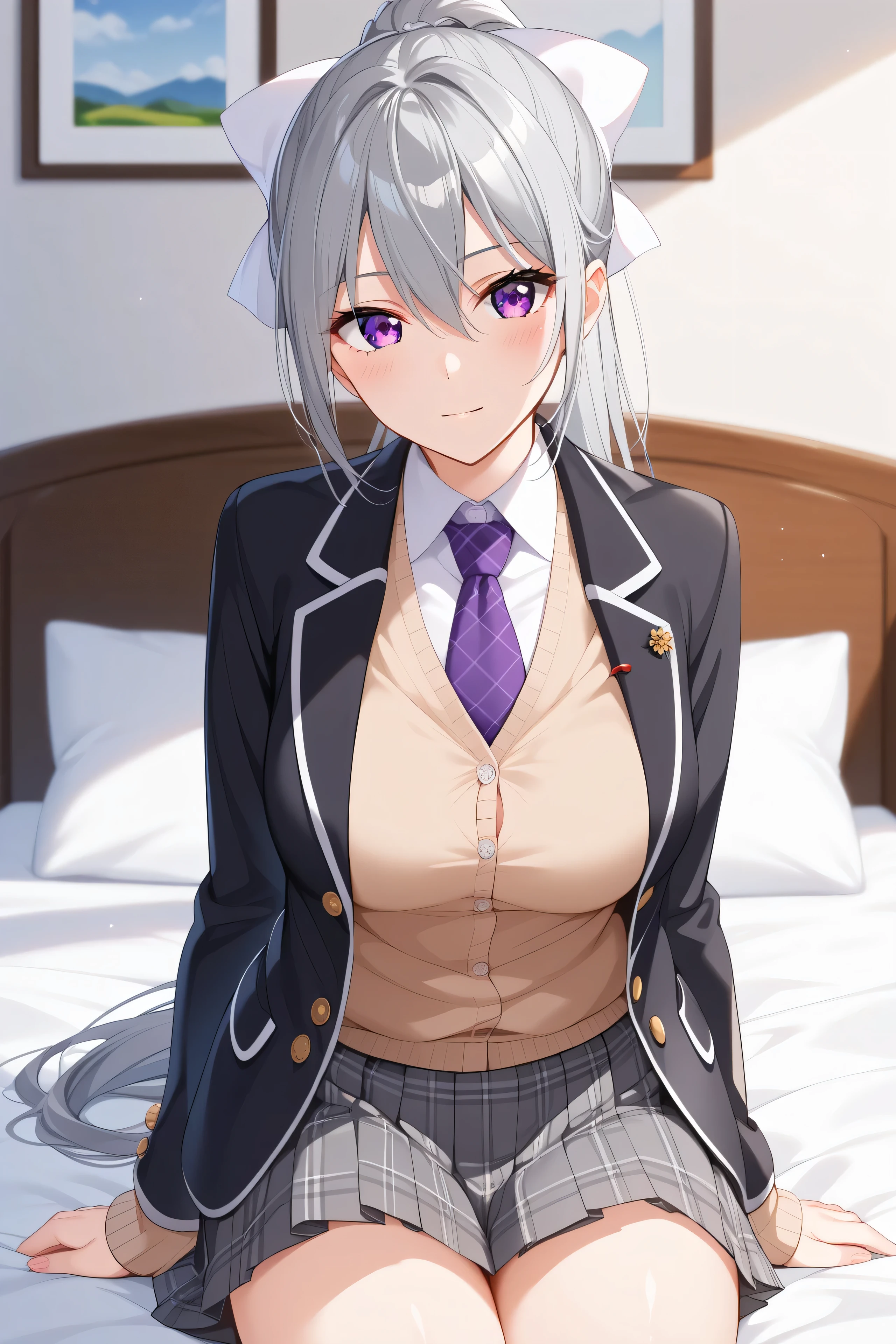 1woman,best quality,ultra-detailed,high resolution,extremely detailed CG,unity 8k wallpaper,score_9, score_8_up, score_7_up, source_anime,hk1, purple eyes, grey hair, hair between eyes, long hair,ponytail, bow, white bow,shirt, cardigan, jacket, black jacket, blazer, skirt, grey skirt, plaid skirt, nsfw,mature female,professional quality、bed room、medium breasts、pleated skirt、tsurime,Official Art,crotch seam、necktie, purple necktie,