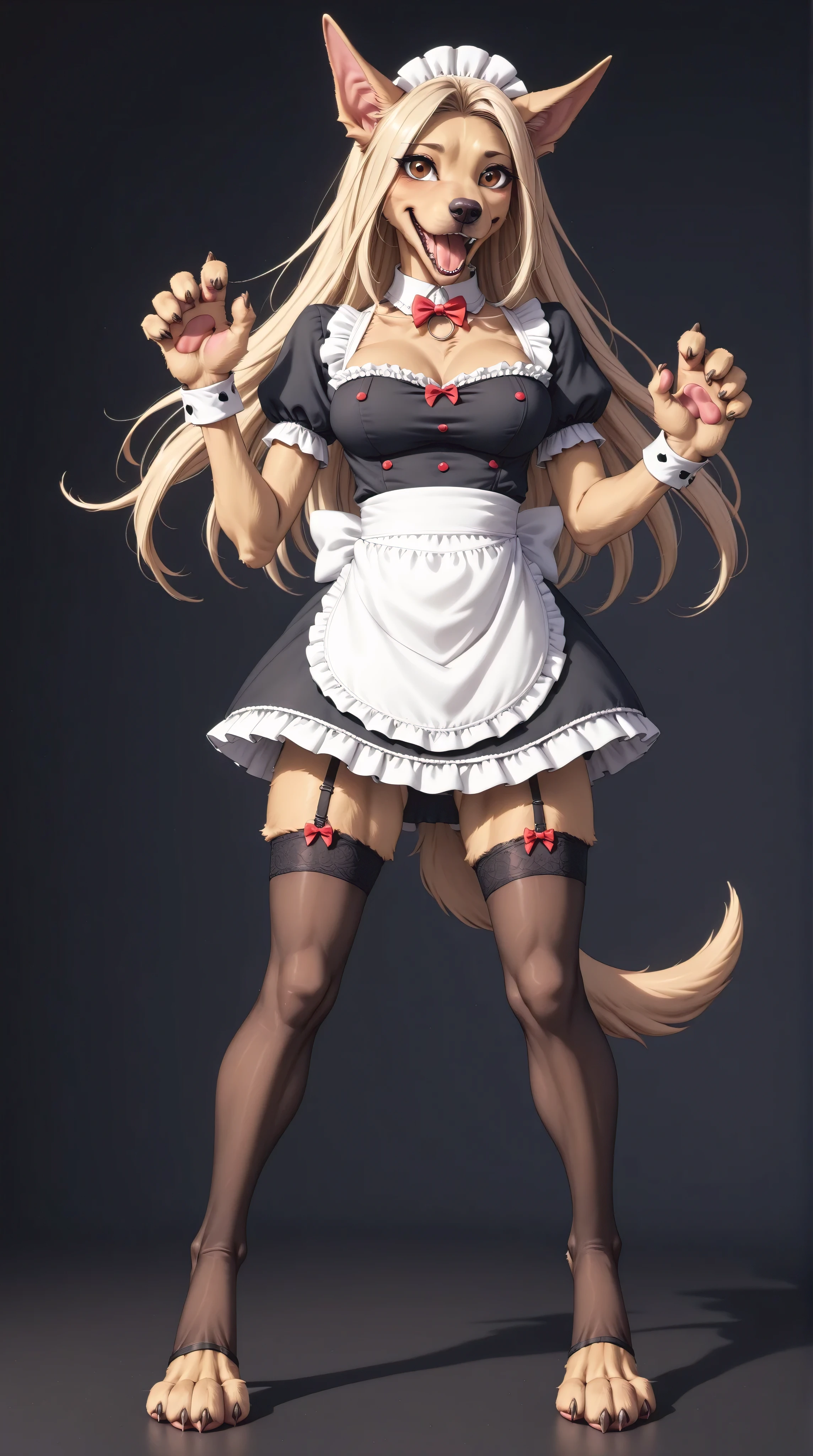 anime style, anthro dog, doberman, girl, skinny, fur, feets to paws, brown eyes, blonde hair, long hair, blush, standing, open mouth, teeth, tounge out, sexy maid dress, stockings, simple dark background