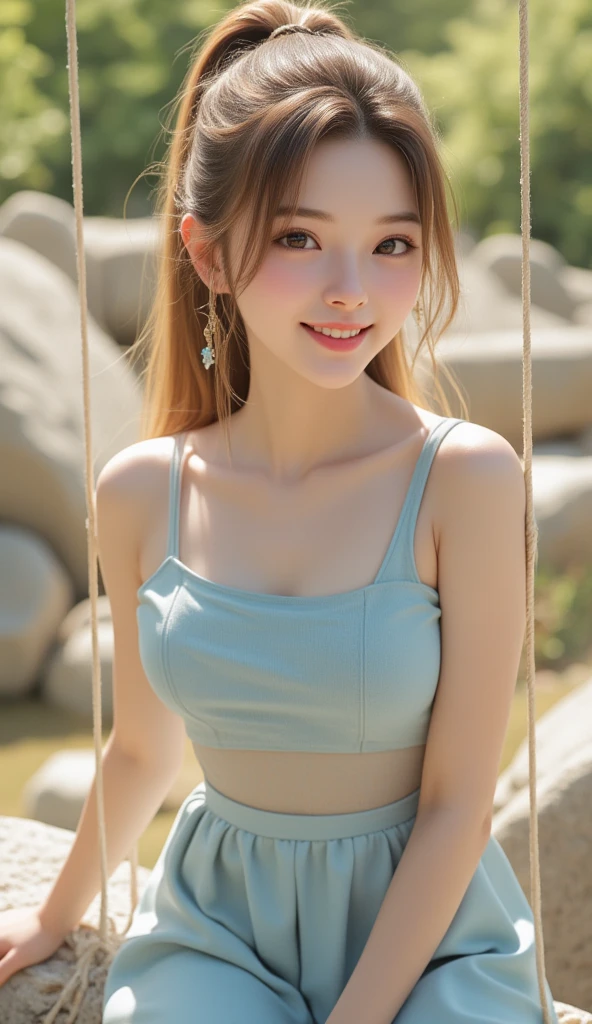 Swetha、Light blue uniform、high quality、Photorealistic、healthy、Smiling face、Slim and perfect figure、Chinese Beauty、Beautiful Eyes、Perfect Face、Beautiful Skin, ((bangs, Big Breasts, Very long eyelashes, Black choker))，Brown Hair，Bright lighting、Morning sunlight, ((Beautiful girl preparing breakfast)), White skin, NSFW:-1.4、(Loose chest, Mountain、forest), camp site