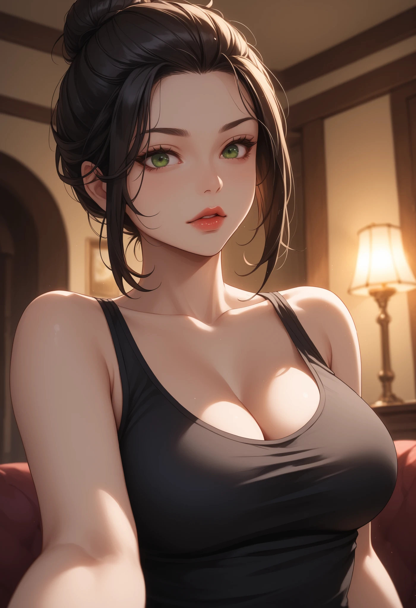 Amazing portrait of a sexy woman with a beautiful face with lustful eyes gazing seductively and parted pink lips smiling as she blushed deeply with her black hair in a bun wearing a green satin shirt that is partially unbuttoned and falling off her shoulders exposing her creamy pale porcelain skin in a very dimly lit bedroom giving off an intimate vibe
