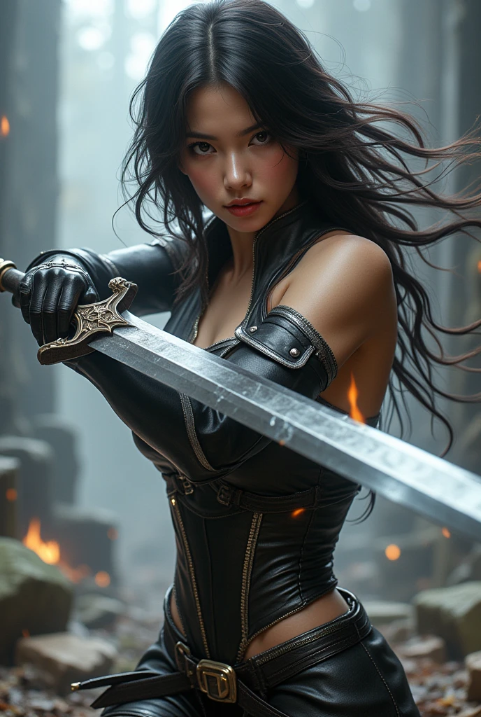Masterpiece, highest quality, high resolution, solo, black sword, NFSW, muscular figure wielding a shiny, sleek, obsidian-black blade, standing in a powerful stance, Furrowed brows and focused expression, Sweat dripping from forehead, Bulging biceps, Glossy leather armor, Narrow waist, Wide hips, Round, firm buttocks, Shimmering with a hint of moisture, Smoke rising from the blade, Dramatic shadow play.