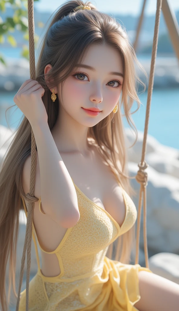 (Painting style close up,8K ultra-high resolution,Masterpiece Vista CG Wallpaper)Beautiful sky,Beautiful and delicate eyes,pretty girl,Perfect slim body,Colorful sleeveless dresses,Pure Eyes,Smooth skin,Walking on the beach,Background Sky、Blank cloud,Ocean,Sandy Beach,Multicolored shells。