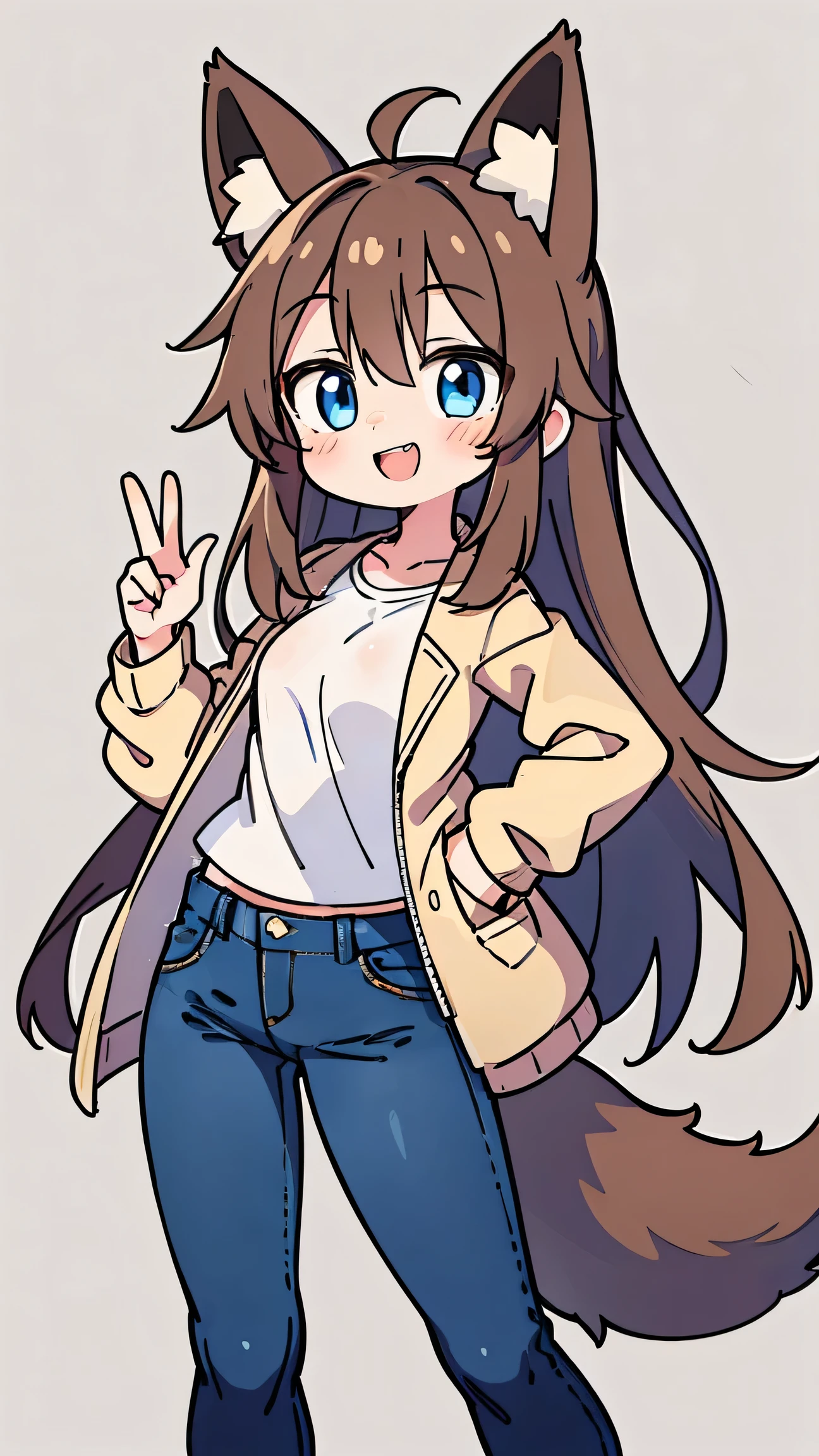 Anime Style、 cute face、 female、 fox ears、、 caramel brown hair、tail、long hair、 beige jacket、jeans for 1 person 、simple background、blue eyes、 double teeth、smile、