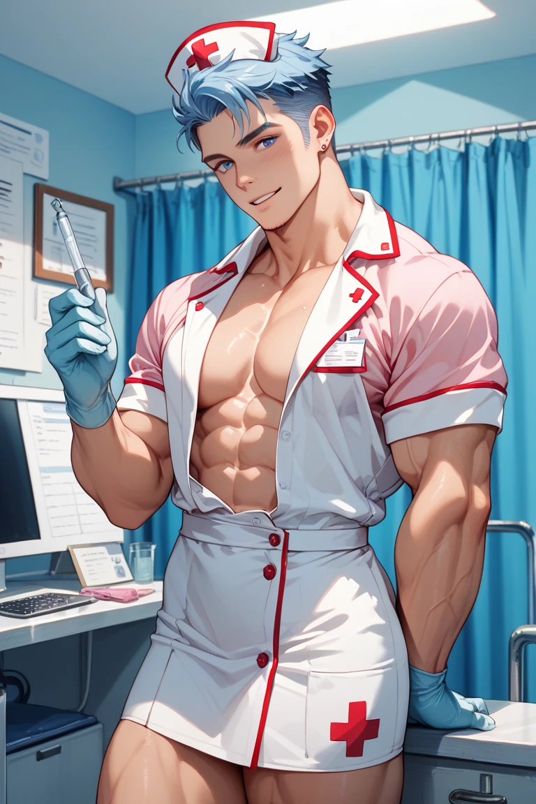 HD quality, high definition, a male doctor 18 years old handsome, muscular and slim, red lips, leaning forward pushing wall of his clinic, ((wearing thong)) , wearing open scrubs suit, model with bracelets, earrings, with reading glasses, fully nude and naked body, eyebrowse angry, side view, wearing flip flops, sexy and seductive, with sweat, with small tattoo on his navel, ((with stethoscope on his neck))