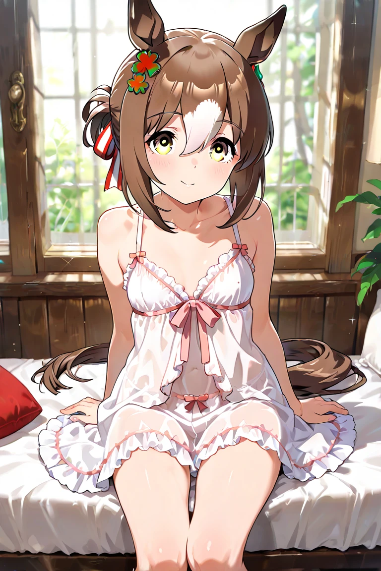 1 girl, alone, ((masterpiece)), ((highest quality)), Ahoge, white sundress, flower garden, Sunny, summer, dress, sunlight, cool clothes, brown hair, brown eyes, smile, 上からレースのpanties，Harness，cleavage，bra，belly button，sexual innuendo，really like，，white pantyhose，thin legs，Noodles，breathe in，panties，excretion of breast milk，grumpy，sit flat，please stretch your legs，close up of feet，sperm，spring，The shape of the female reproductive organs is clearly visible，climax，desire for dissatisfaction