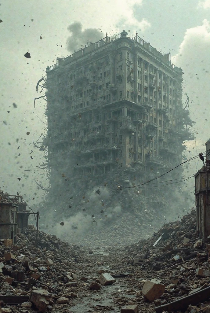 Image of the apocalypse, crumbling buildings, rubble, fire+, billowing smoke, people running+, fear+, overturned cars, epic realistic, hdr++, abandoned, neutral colors, night, screen space refractions, (intricate details)+, intricate details+, hyperdetailed+, artstation, cinematic shot, vignette, complex background, teal and orange, technicolor, 