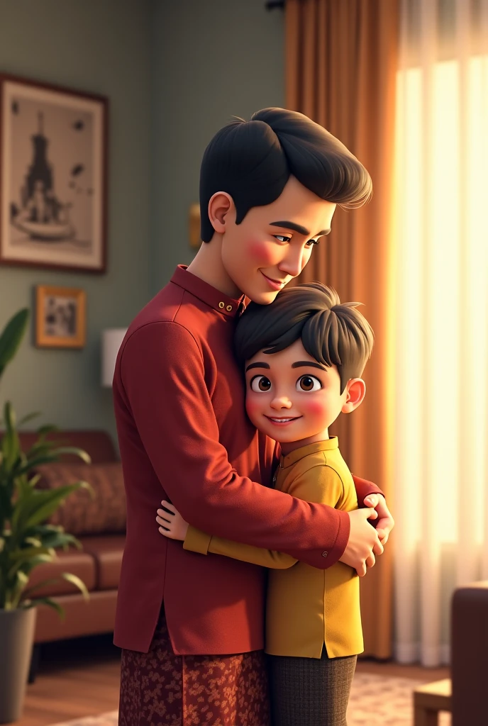 Realistic portrait of a seven-year-old boy, He wears a red shirt . His face is childish and exploratory . He goes out cautiously into the garden of the house, A small cat is among the bushes and he touches it cautiously ,Not facing the camera,, Hair is untidy ,