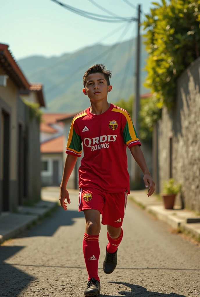 menino de 9 anos, cabelos curtos, cortados, marrons, olhos marrons, Shirt of the Brazilian national soccer team, amarela, caminhando sozinho em uma bela paisagem montanhosa no por do sol, feliz, estilo disney chanel, imagem uhd, 8k, ultra.