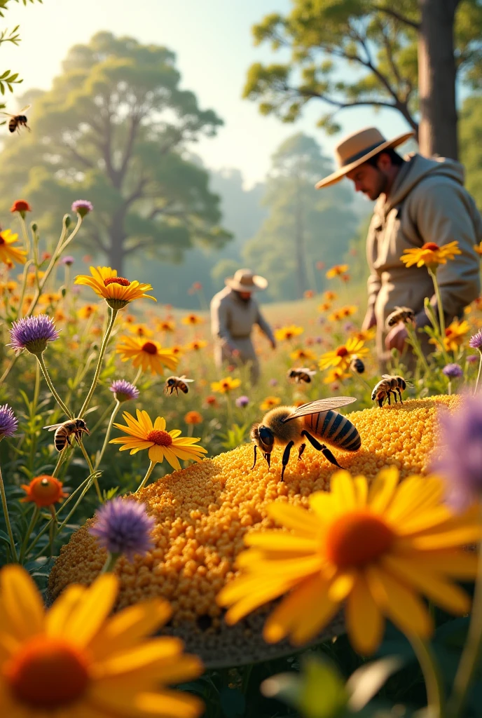 Beekeeping couple、Bees fly、rapeseed blossoms、blue-sky、Rustic，high definition detail、Soft light、Photoreal