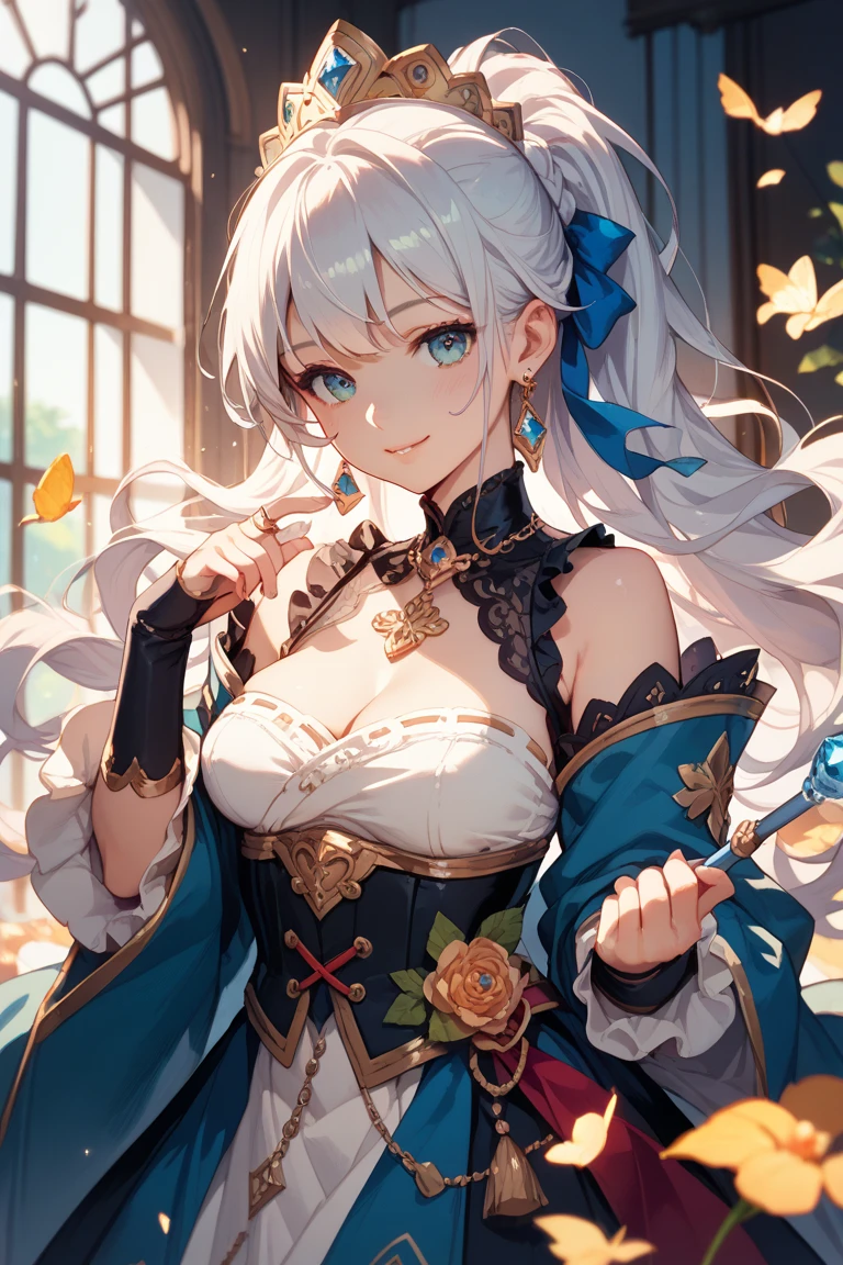((masterpiece)), (super detailed), (solo), beautiful, perfection, perfectly beautiful, (silver hair), (silver eyes), (silver lips), (silver lipstick), (smirk), huge breasts, cleavage, victorian dress, combat dress, holding a sword, ponytail