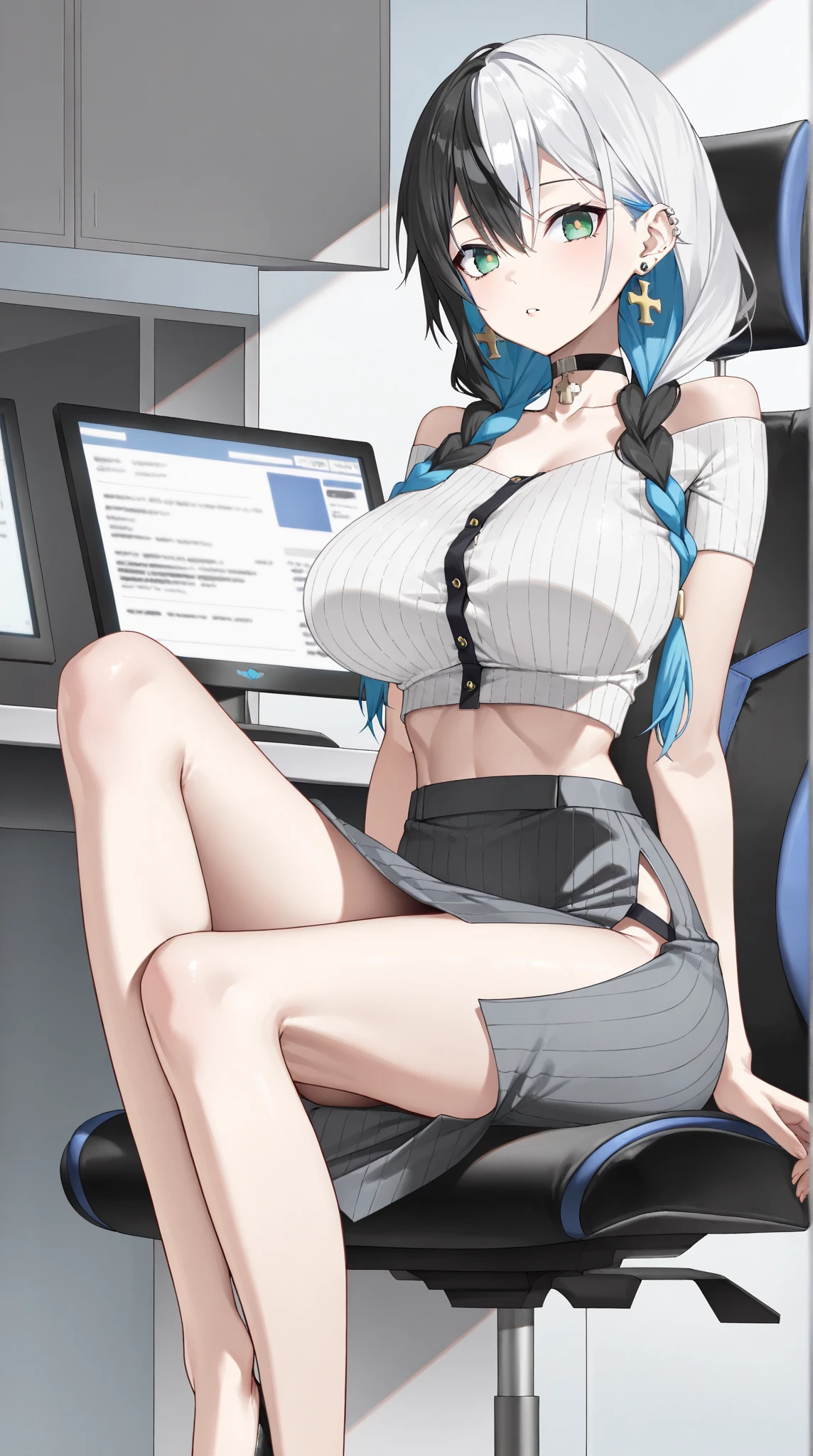 穿着超短裙和接缝丝袜的美丽性感秘书全身照片,stands_straight, ((solo)), adult, in the office, high heels, craves, strokes_herself