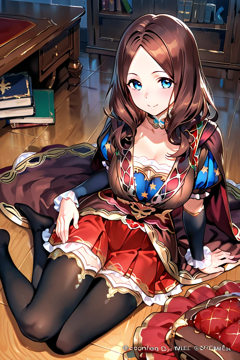 Lisa, genshin impact, 1 girl, alone, huge breasts, cleavage, hair between eyes, messy hair, large chest, long hair, looking at the viewer, brown hair, red short nails, green eyes, alone, thick thighs, maid dress, maidフク, maid, skirt, stockings, ribbon, maid uniform, sitting, bedroom, bed, pillow, window, night sky, blush, shy, smile, grab your chest