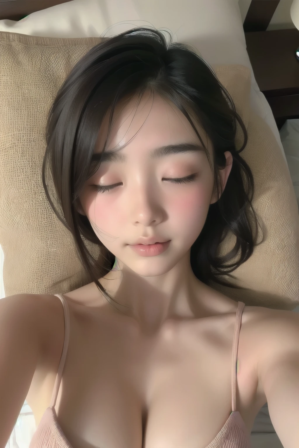 y Woman, Very deep blush, Red nose tip, Long neck,Medium Chest, Visible Cracks, Bedroom, Warm lighting , Lying in bed, Put your head on the pillow, look up、Open your eyes