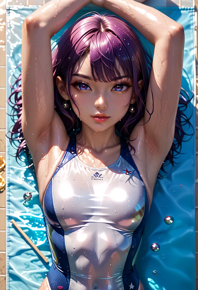 8K quality, anatomically correct ((super detailed, best quality, best quality, detailed watercolor, watercolor splash, amazing background, colorful background, amazing art, very colorful tones, best quality, official art, stylish design)), ((most beautiful woman ever, glowing skin, shiny skin)), ((delicate eyes, best eyes ever, beautiful eyes, big eyes))(multicolored shiny hair, shiny hair, beautiful hair), ((slightly open mouth))(beautifully shaped breasts), ((swimming pool, colorful sparkly swimsuit with white base: 1.2))), ((face from behind, close-up of face from knees up, shot from below)))