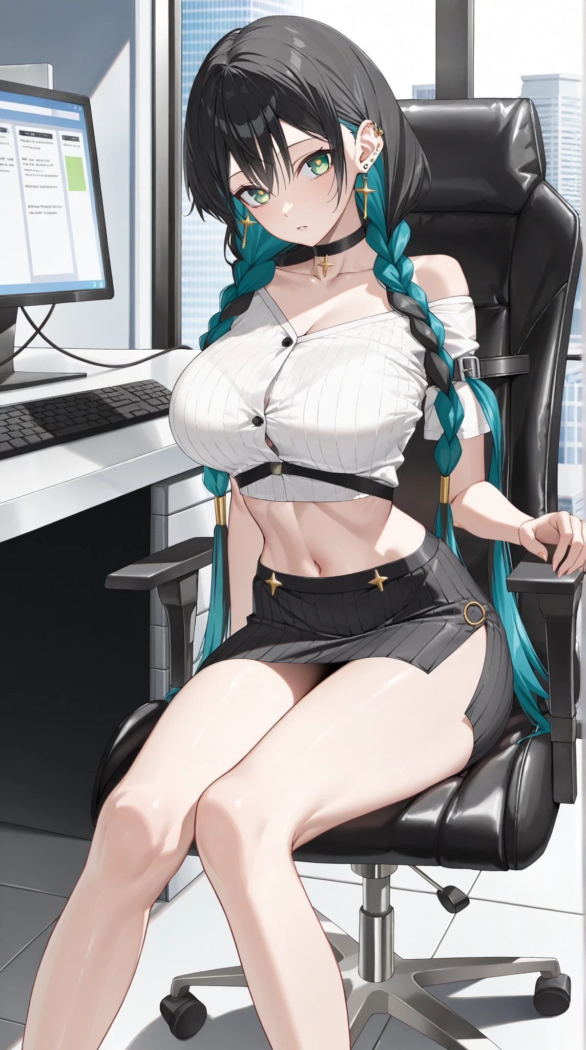 Strong green hair girl,big breasts, big butt,playing video games in front of a computer,long black mayas,short black skirt,A white blouse