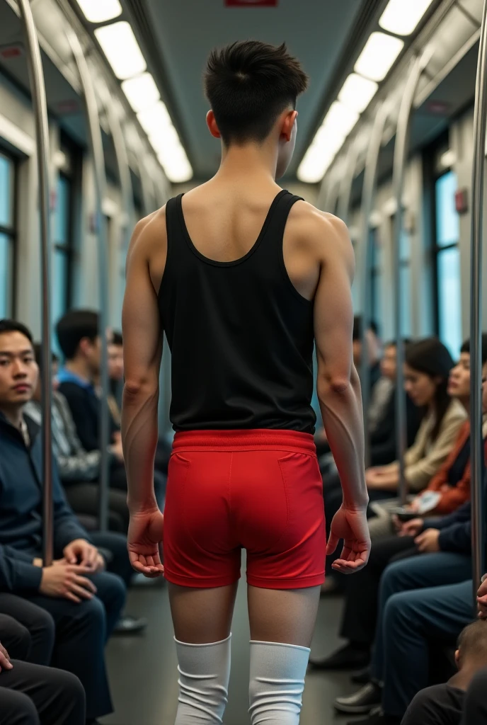 1boy、Photo Quality、Cute handsome man、Mash Hair、Japanese male, 、Completely naked、Full nudity、erection、Huge penis、Highest quality、Realistic、beautiful、In a crowded train、Back view