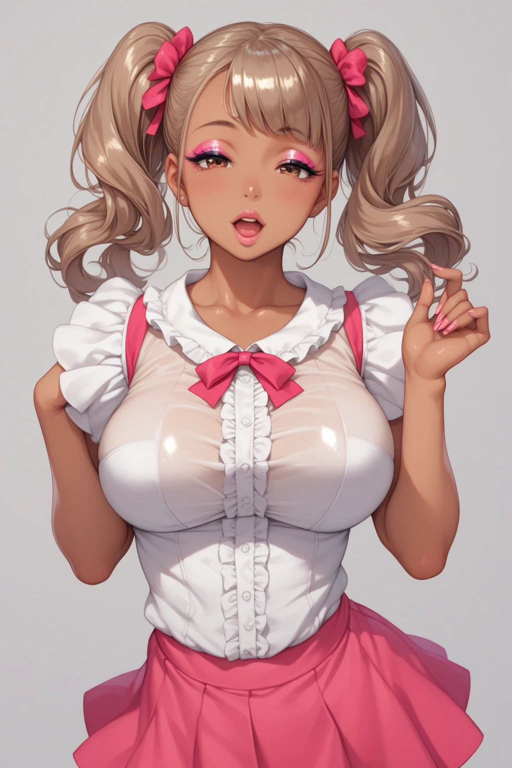 darkskin++++, tanned, dark brown skin1:5, orange hair++++, scrunchies+, twintails+, pink ey8s+++, big breast+, thick lips, pink bows+, detailed eyes, lips, (highest quality, amazing details:1.3), (solo:1.3), masterpiece, glossy lips, dolly lips+, seductive eyes, pink room background, sweater+, skirt, room background+, looking up,