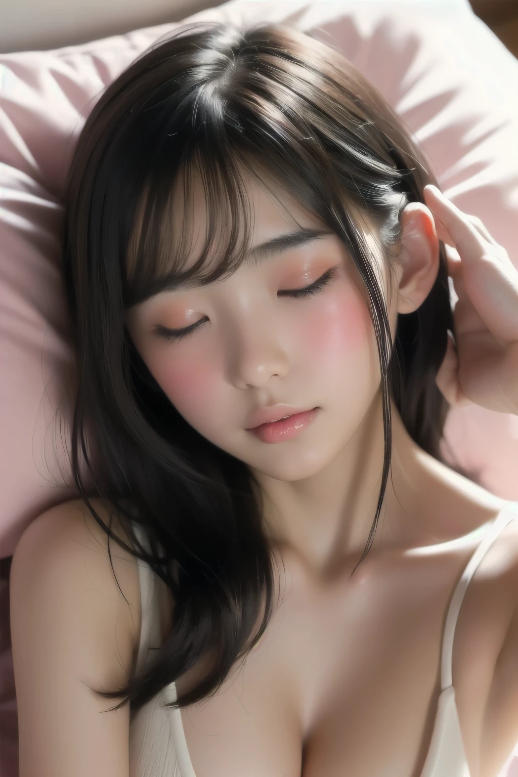 Sexy Woman, close your eyes, Open your mouth, Very deep blush, Red nose tip, Long neck, Off-shoulder pink sweater, Medium Chest, Visible Cracks, Bedroom, Warm lighting , Lying in bed, Put your head on the pillow, look up 、Swimwear
