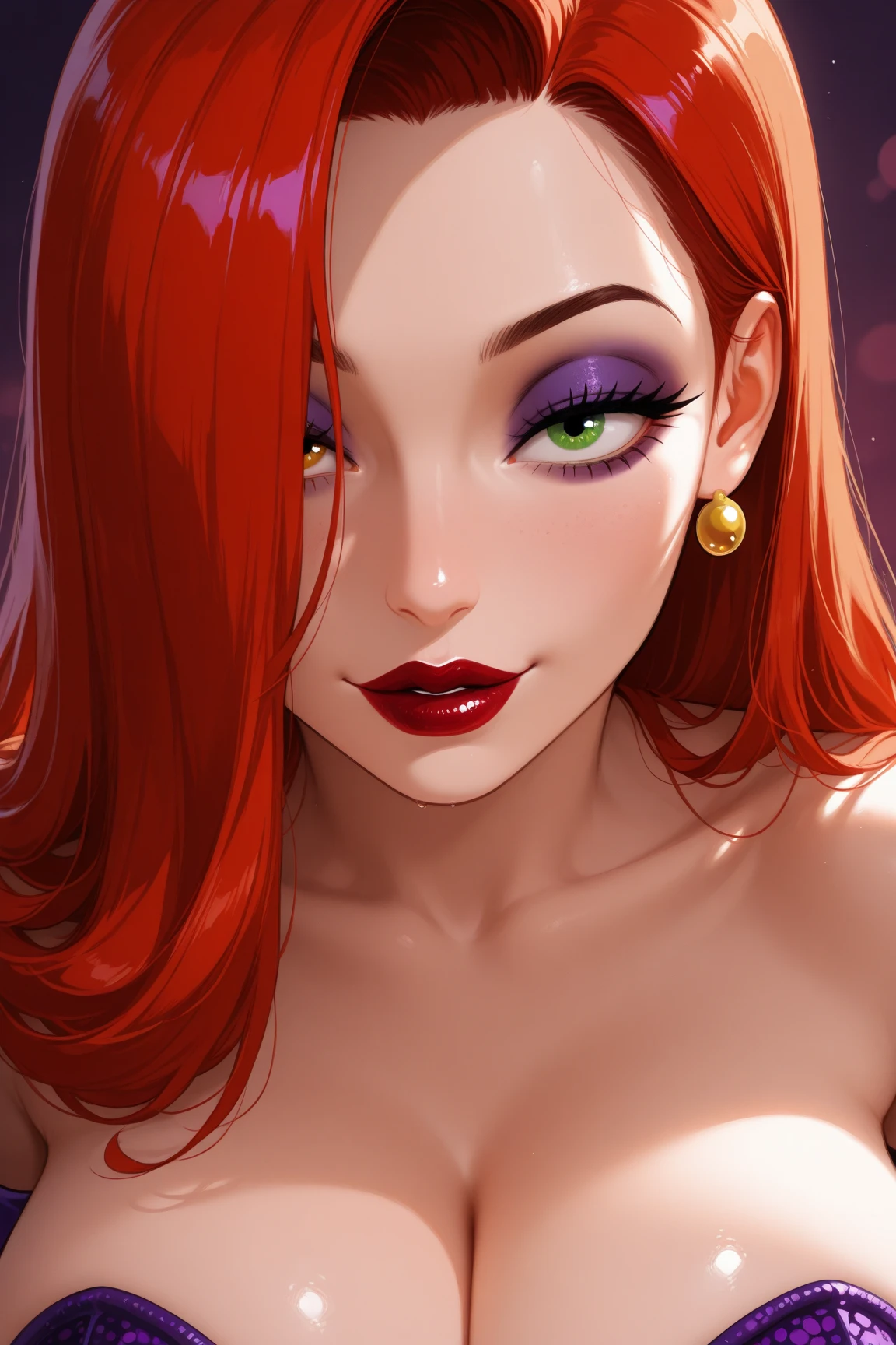 masterpiece, best quality,3d rending work ,3DMM style <lora:3DMM_V11:0.8>,close-up,portrait, 3D,1girl, solo, realistic, upper body, simple background, lips, makeup, JessicaWaifu <lora:JessicaRabbit_character:0.6>, red hair, hair over one eye, green eyes, red single piece dress, strapless dress, elbow gloves, red lips, makeup, cleavage, curvy, night, seductive eyes, seductive woman