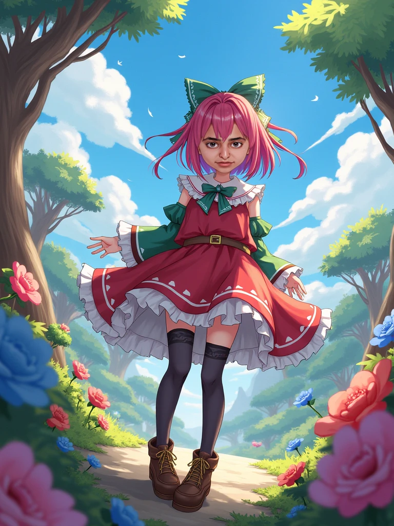 Masterpiece, Best Quality, High Resolution, HMBK1, 1Girl, Twintails, Drill Hair, Long Hair, Pink Eyes, Red Cape, Ribbon, White Gloves, Pink Dress, Ruffles, Outdoor, City, Hand on Thigh, Standing, Peeing Myself, Peeing, Peeing,