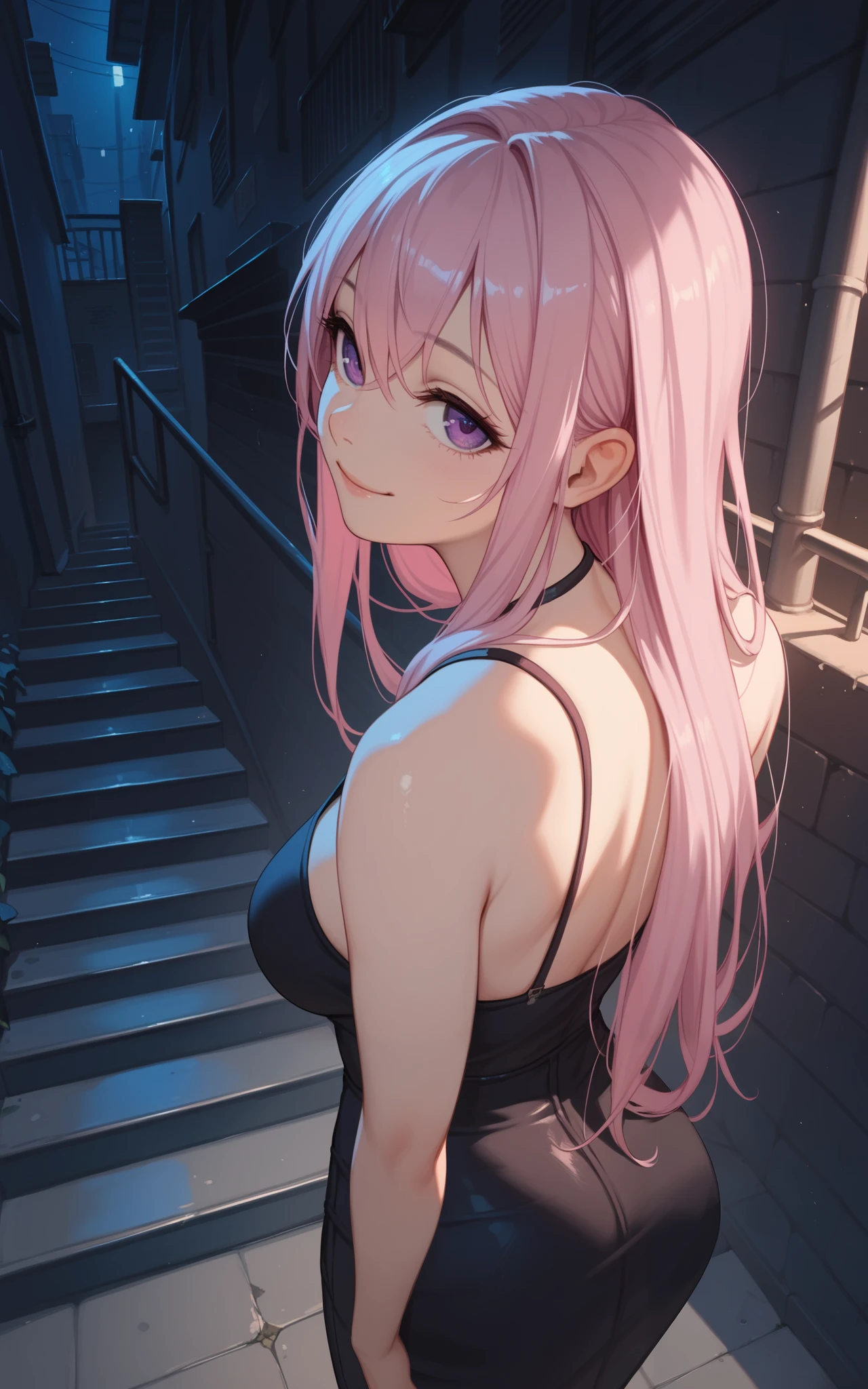 female, pink hair, cross bangs, long hair, purple eyes, back alley, go down stairs, Rusted metal stairs, night, looking up, from above, anime, smile