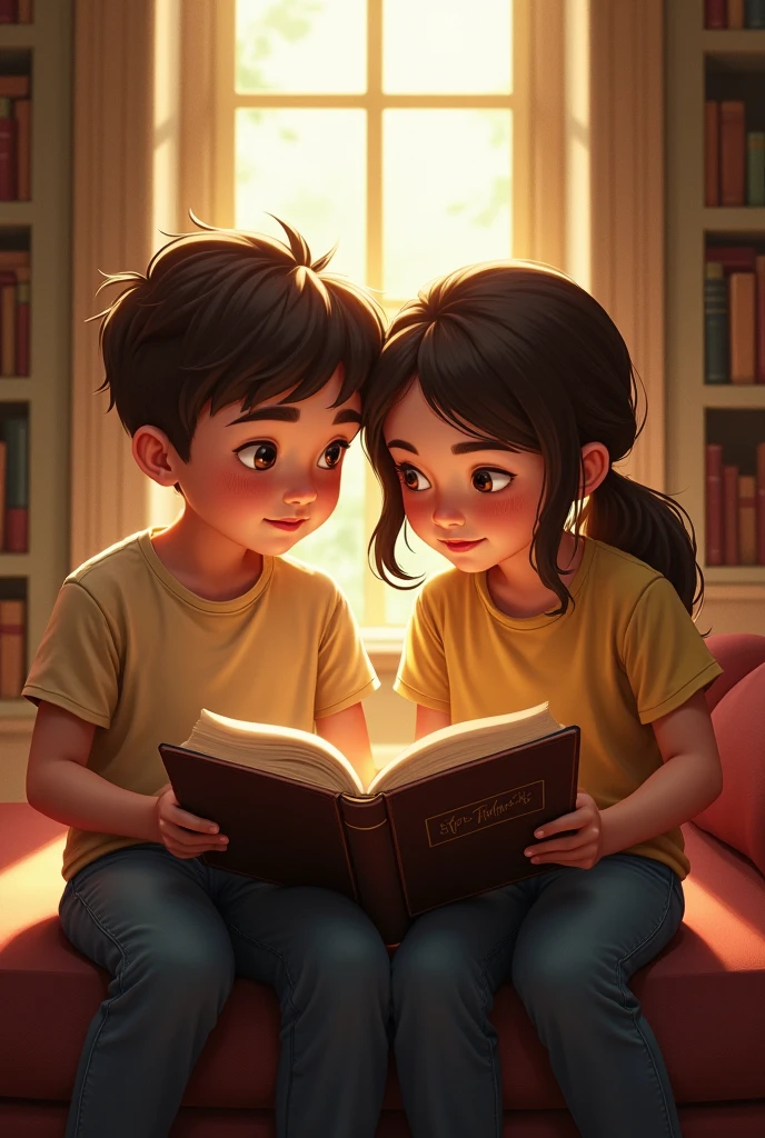 the other child holding a worn book while the other holding a laptop