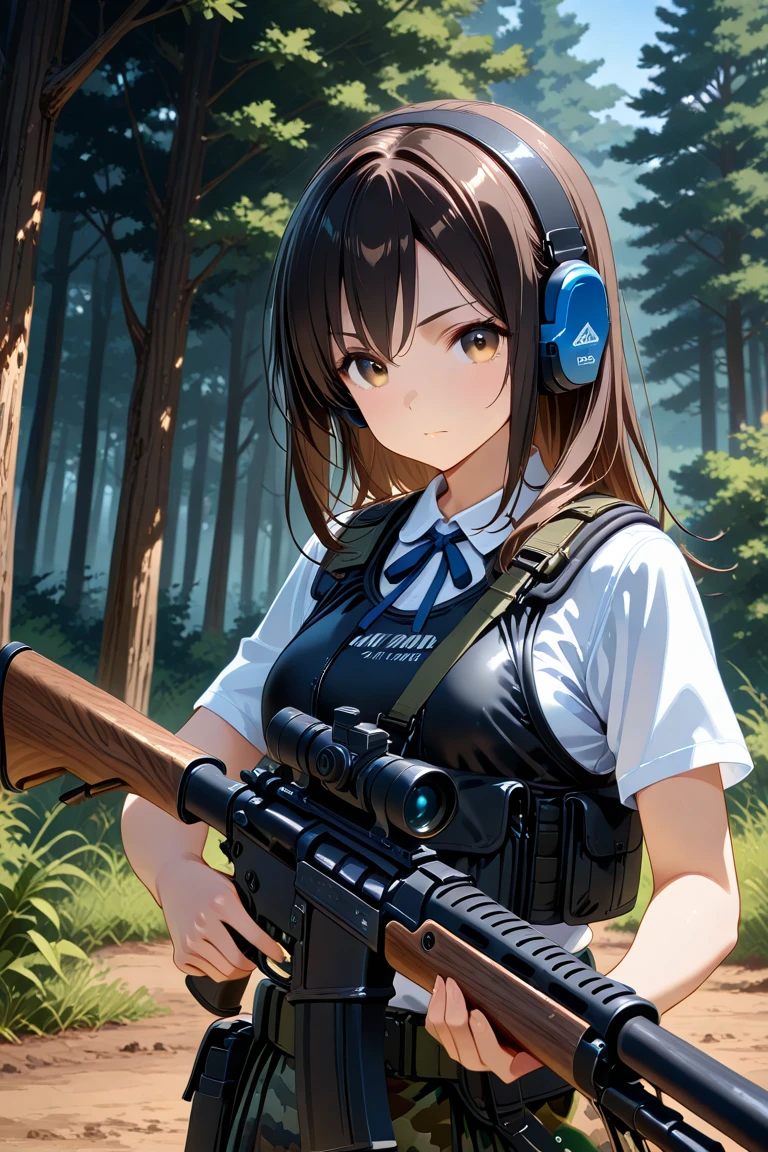 12-years-old hunting with rifle,killing wild animals in opening day of hunting season,detailed background,black hair or brown hair,wearing camouflage skirt,white blouse with ribbon,ctactical vest,ear protectors,