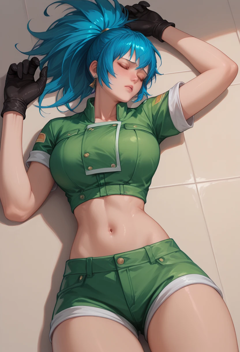 kiriko overwatch , thighs, full body, high heels boots, nude tits, red jeans, wide hips, green hair, medium tits, sitting
