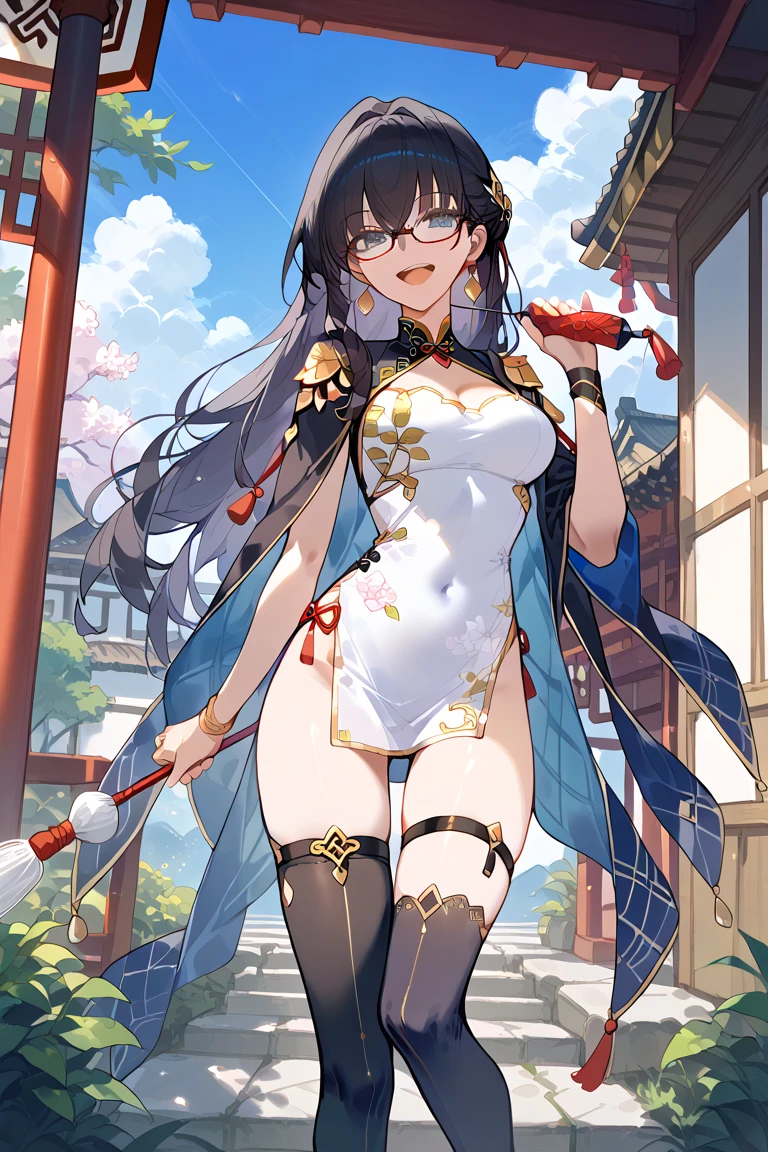 best quality,masterpiece,detailed,light layer,a girl,black hair,Cherry blossoms,There are dragon horns in the hair,dragon tail,Antique Chinese clothing,ink,golden eyes,attractive body,medium breasts,top of mountain,grace,folding fan