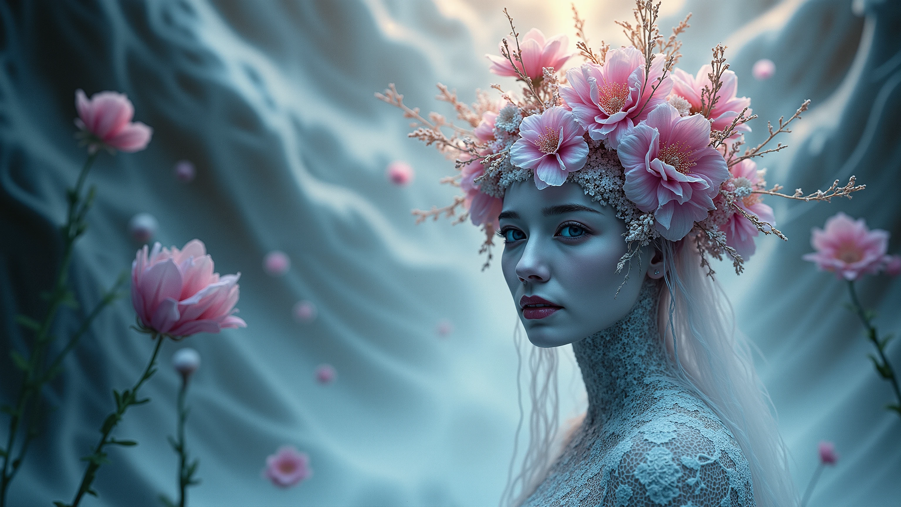 Gothic state of a female snowy creature in macro mode with an explosion of flowers against the backdrop of hallucinations