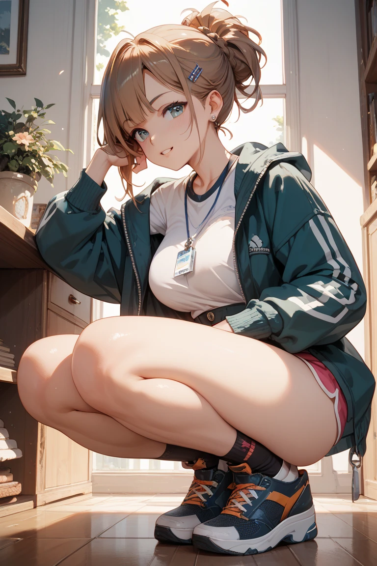 (masterpiece:1.2, top-quality), (realistic, photorealistic:1.4), beautiful illustration, (natural side lighting, movie lighting), 
looking at viewer, fullbody, 1 woman, japanese, 22 years old, high school teacher, perfect face, cute and symmetrical face, shiny skin, babyface, 
(short hair, messy hair, light purple hair), braided bangs, asymmetrical bangs, dark purple eyes, (middle breasts, seductive thighs, big ass), piercings, 
beautiful hair, beautiful face, beautiful detailed eyes, beautiful clavicle, beautiful body, beautiful chest, beautiful thigh, beautiful legs, beautiful fingers, 
((closed clothes, light grey green hoodle, hood, light green shorts, light green socks)), 
(beautiful scenery), evening, girl's room, (peaceful),
