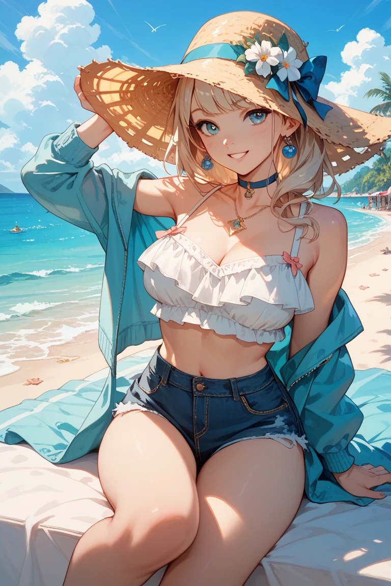 Rococo style, (movie poster:1.2), soft lighting, (elevation angle:1.25), (alone:1.4), (1 girl), ((blonde hair), long curly hair), blue eyes, (smile), beach straw hat, (off shoulder shirt), hat flower, (looking to the side:1.3), Fantastic and colorful, Ocean, Palm tree, blue sky with clouds, (beach:1.3), (masterpiece:1.2), super detailed, (highest quality), figure, (Depth of bounds written), (ahegao),(nsfw),