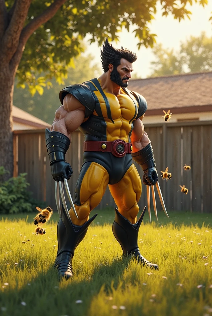 Masterpiece, Best Quality, Man with bookish hair, dark skinned dressed in the yellow wolverine costume, wounded and in the background a winter forest