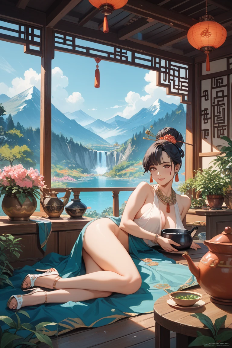 generate chinesse lady wearing traditional chinesse dress, she sit at traditional chinesse gazebo near river, showing her boob, showing her cleaveage, detail traditional chinesse building and ornaments, detail, 8k, beautifull decoration, detail, 8k, beautifull panorama, masterpiece, best quality:1.2),(8k,highres,RAW photo,realistic,photo-realistic:1.3),(detailed skin texture,detailed cloth texture,beautiful detailed face:1.25),professional lighting,photon mapping,beautiful soft light,radiosity,physically-based rendering,raytracing, model shoot style, model shoot style, (extremely detailed CG unity 8k wallpaper), full shot body photo of the most beautiful artwork in the world, (((nsfw))), (((nude))), (((naked))), (((nipples)))