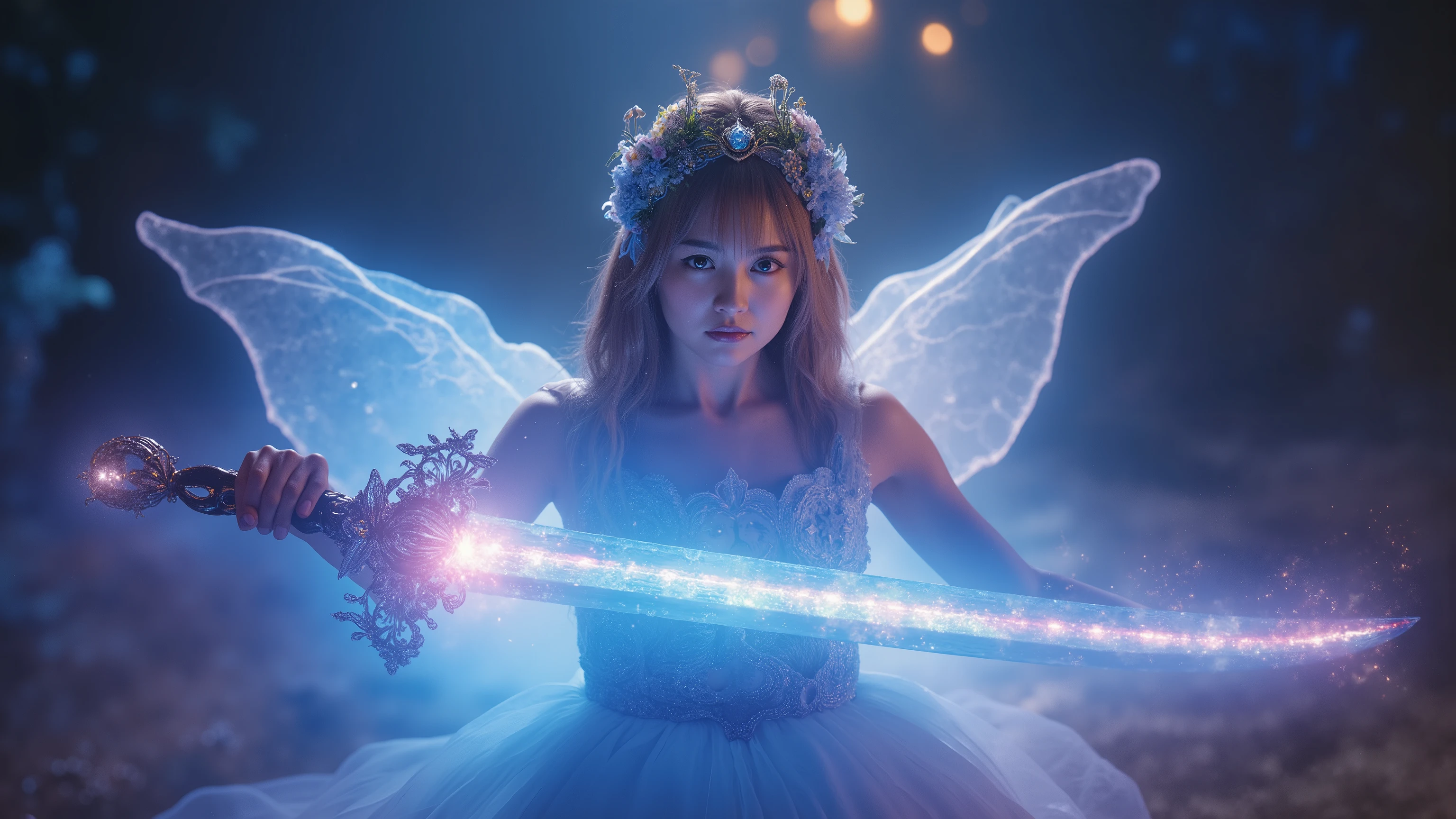Amazing Emotional Transcendental Dream, Amazing Ultra Realistic Movie Pictures in the Night Fairy Village, Amazing Fairy Goddess (beautiful face) with her Magical Transcendental Sword, Amazing Magical Effects on a Transparent Sword, MAXIMUM ULTRA DEFINITION IMAGE QUALITY AND RENDERING, maximum image details , realistic rendering , Ultra Realistic Style , Realistic Side Lighting , , 8K high definition, Realistic Soft Lighting , Amazing Special Effects